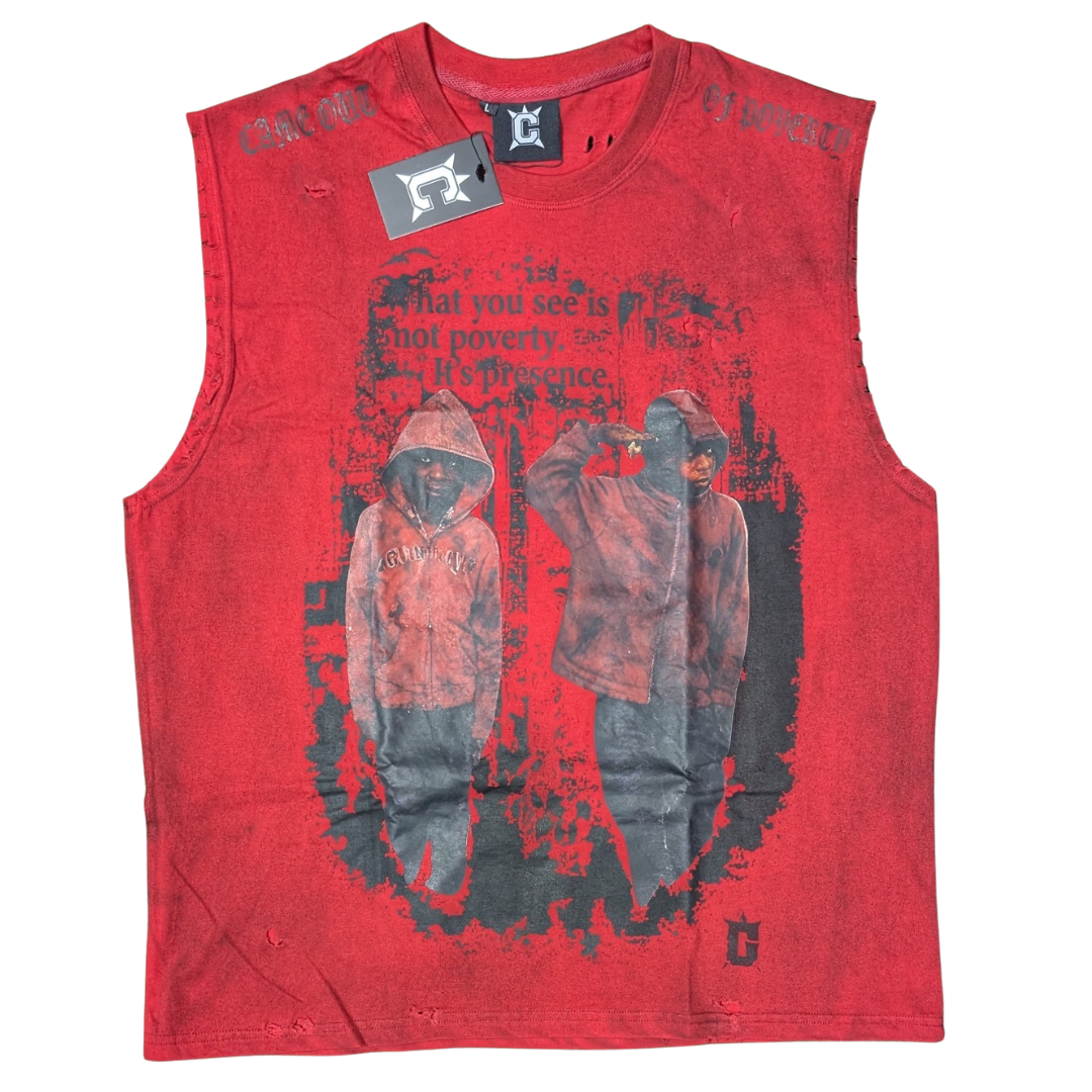 Red Sleeveless Distress Tee